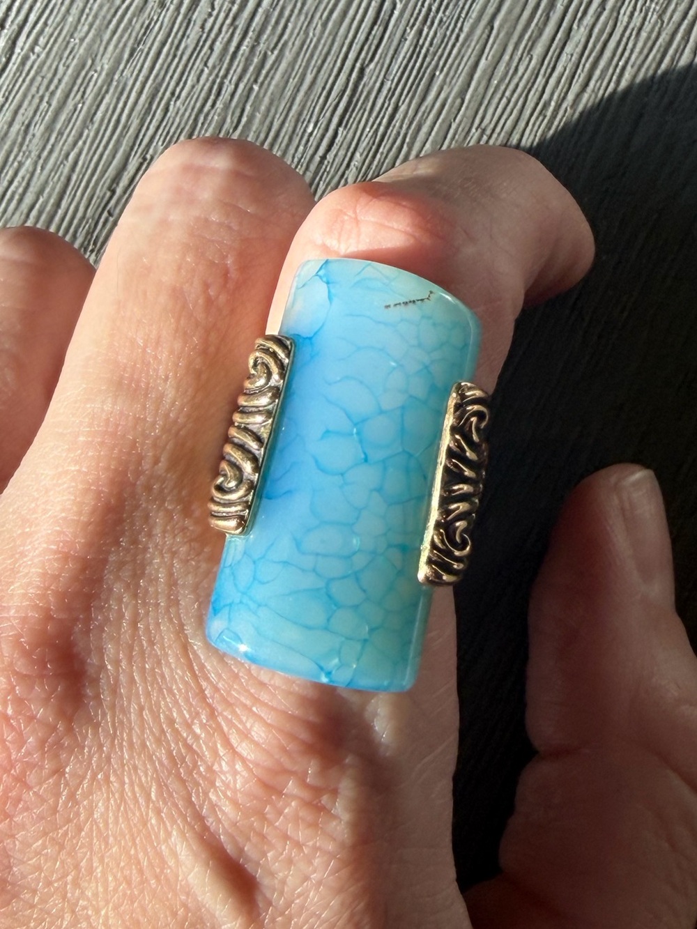 BARSE Blue Stone Statement Ring Gold Tone Ornate Vintage Style Size 6.5